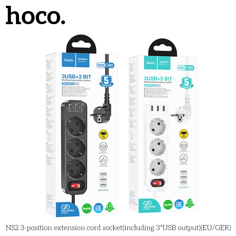 HOCO NS2 3-position extension cord socket(including 3*USB output)(EU/GER)